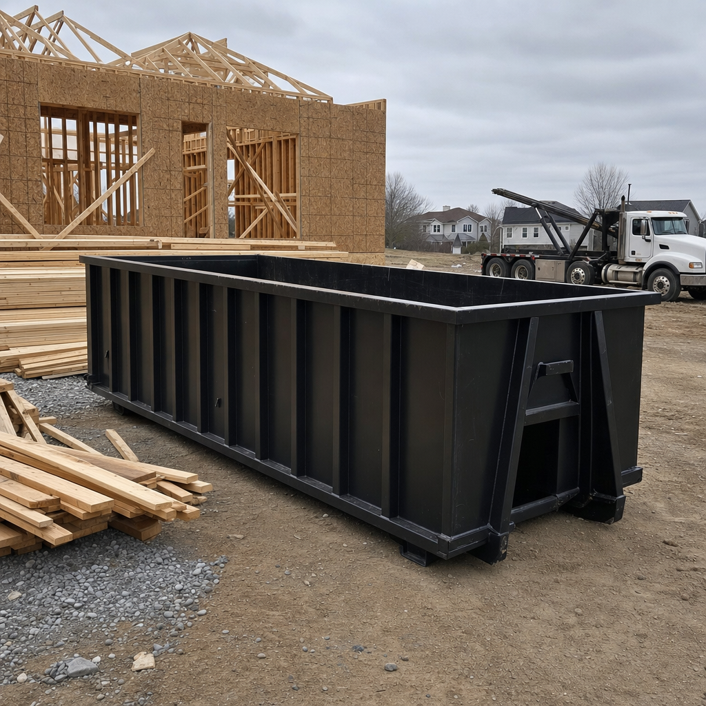 Matte-black 40-yard roll-off dumpster staged on a framed-out residential construction site in Wilmington, framing lumber stacked nearby, hooklift delivery truck visible in the background under bright Colorado daylight