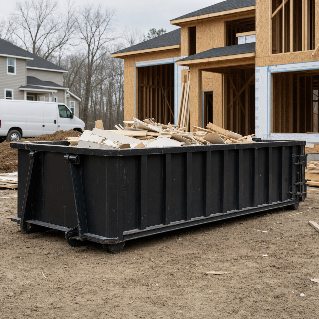 Worker in a yellow high-visibility vest tossing framing lumber and broken drywall into a matte-black 30-yard construction roll-off dumpster on an active build site in Wilmington, bright daylight