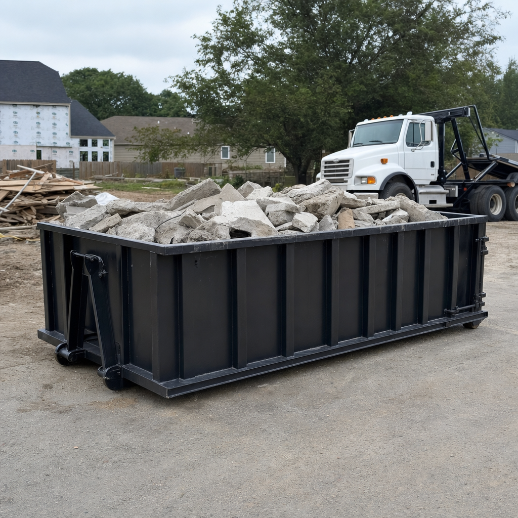 Low-profile matte-black lowboy roll-off dumpster loaded with broken concrete slab and rebar at a foundation tear-out in Wilmington, skid steer parked beside it, sunny Colorado morning