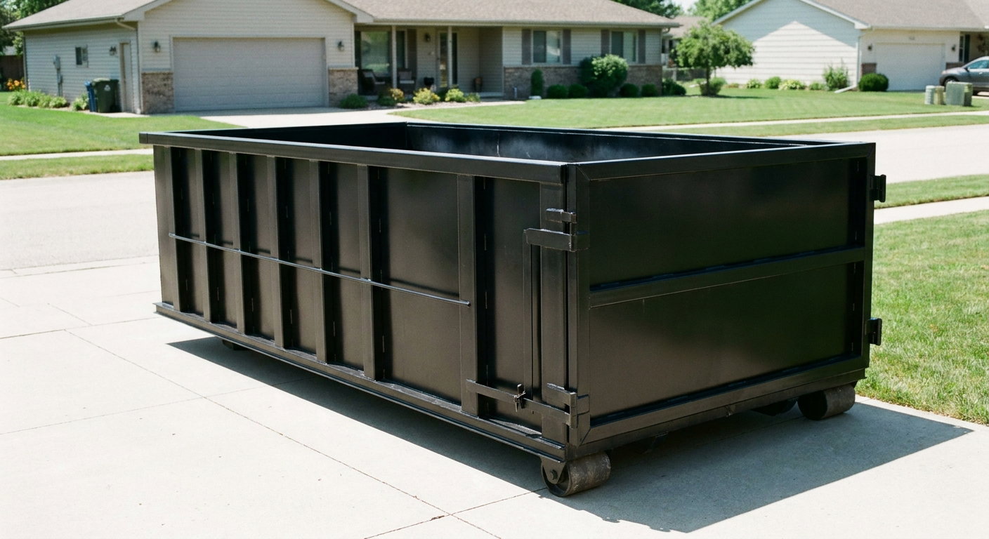 Matte-black 10-yard roll-off dumpster on a residential concrete driveway in Wilmington, uniformly painted matte black across every panel and rail, ribbed steel sidewalls and rear swing door visible, mid-day daylight.