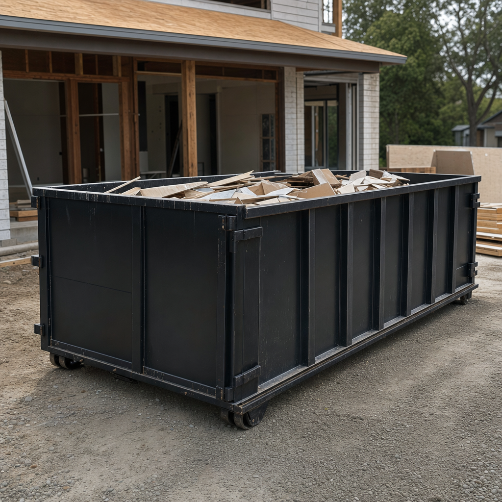 Large matte-black 30-yard construction roll-off dumpster at an active Wilmington jobsite, steel-gray top rails and bottom rollers visible, loaded with construction debris.