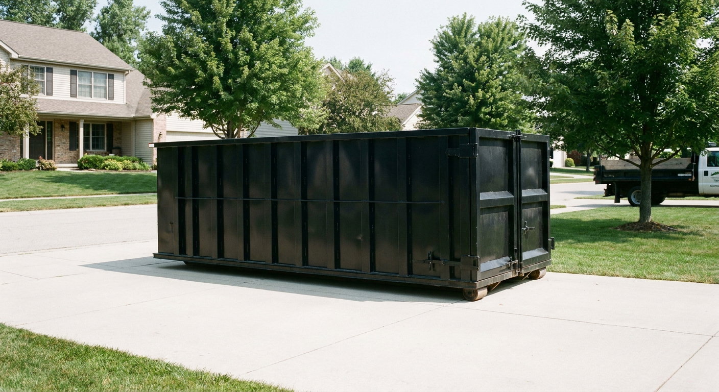 Matte-black 20-yard roll-off dumpster sitting level on a clean Wilmington residential concrete driveway under bright daylight, demonstrating clean placement directly on the concrete.