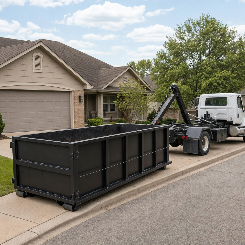 Wide documentary shot of a matte-black roll-off dumpster on a Wilmington residential driveway in the foreground and a contractor jobsite container in the soft-focus background, bright daylight, calm and orderly composition.