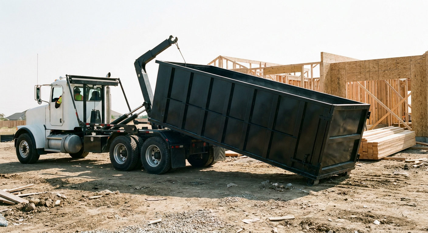 Matte-black roll-off dumpster being delivered onto a clean residential concrete driveway in Wilmington by an unmarked white hooklift hauler truck, bright morning daylight, documentary 35mm perspective.