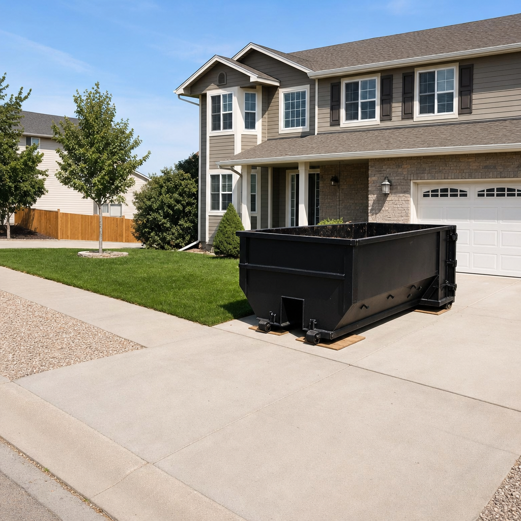 10-yard matte-black residential dumpster placed directly on a narrow Wilmington concrete driveway, room remains for a parked sedan beside it, mid-morning natural light