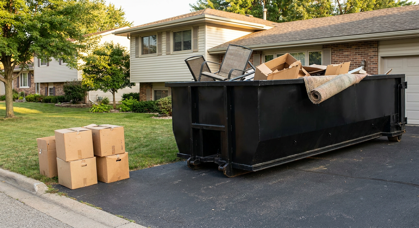 Front-yard view of a Wilmington split-level home with a 20-yard matte-black roll-off dumpster sitting directly on the asphalt driveway, a few clearly labeled donation boxes staged at the curb, calm sunny afternoon.