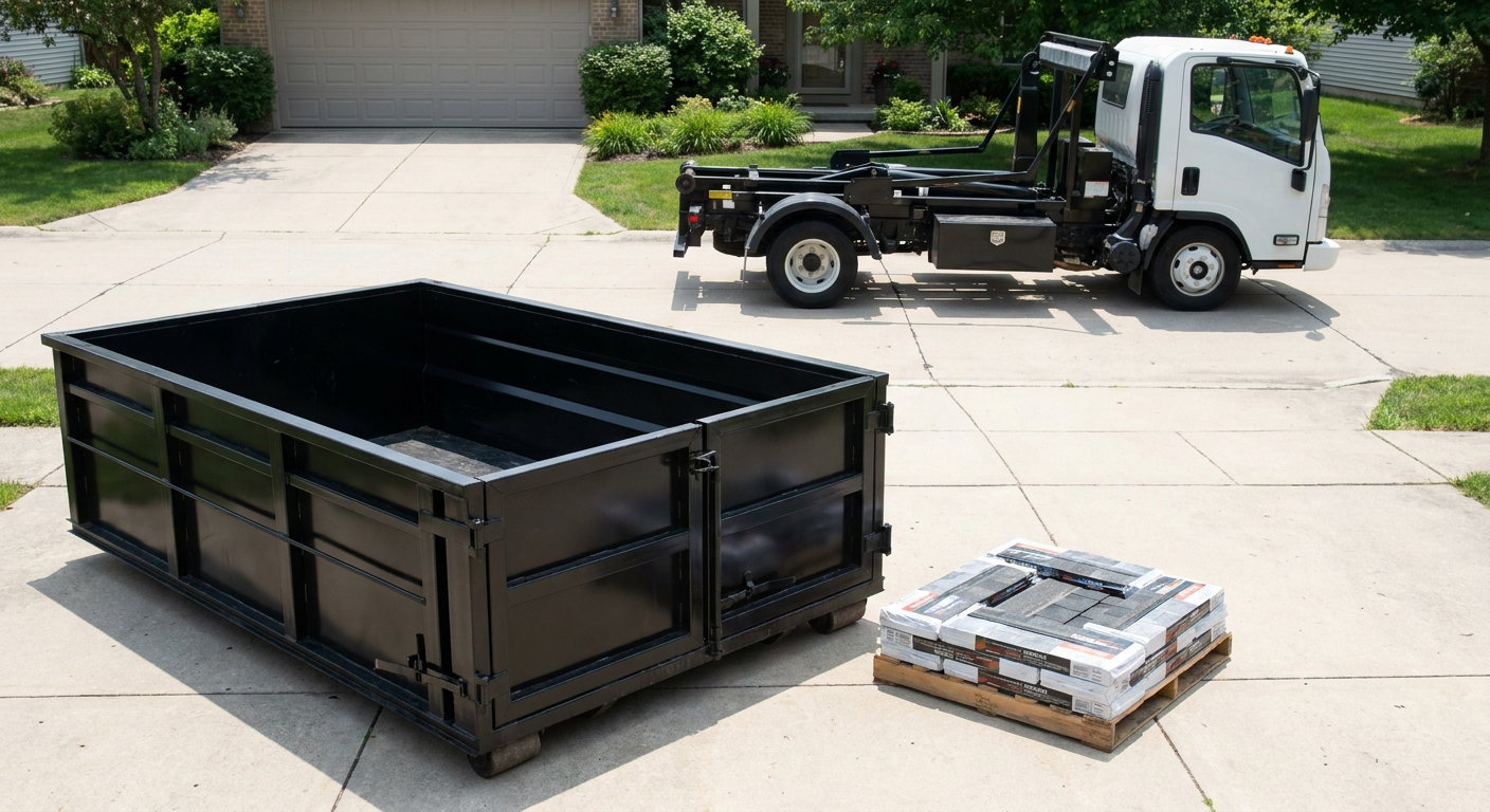 Matte-black 15-yard roofing roll-off dumpster with reinforced low side walls sitting directly on a Wilmington residential concrete driveway, three-tab asphalt shingle bundles stacked nearby, an unmarked white hauler truck partially visible at the edge of the frame.