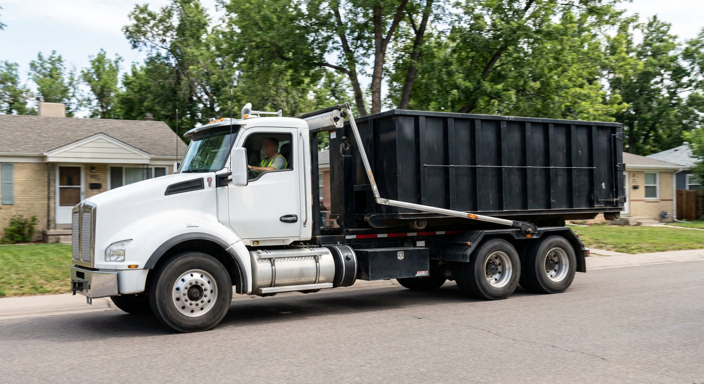 A wide documentary shot of a matte-black roll-off delivery truck pulling onto a quiet Wilmington residential street at mid-morning, with neighborhood rooftops and tree-lined blocks visible behind, showing the metro coverage footprint.