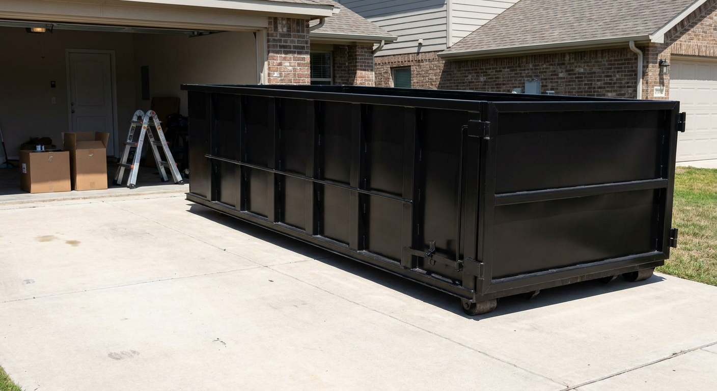 A matte-black 10-yard roll-off dumpster sitting directly on a residential Wilmington concrete driveway, mid-day sunlight, clean and ready for a garage cleanout.