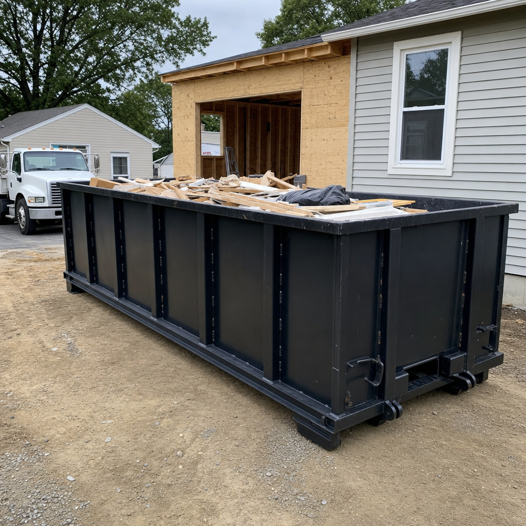 A matte-black 30-yard roll-off dumpster positioned at a Wilmington residential addition jobsite, with framing lumber and drywall scraps loaded through the open swinging rear doors.